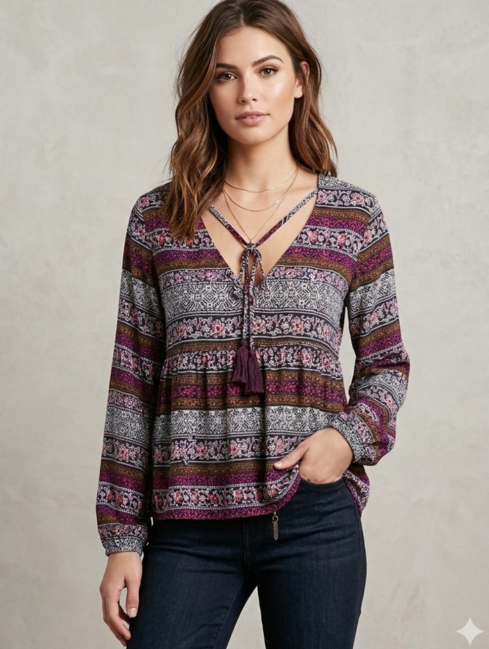 Threadzwear Boho Flowy Peasant Top XL Purple/Tan Paisley Print Hippie Gypsy